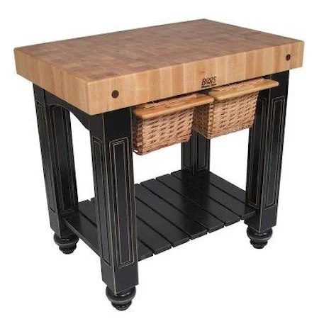 Kitchen Island with Butcher Block Top and Wicker Basket Storage